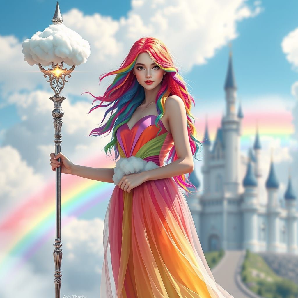 Rainbow Queen with Cloud Castle: Digital Illustration