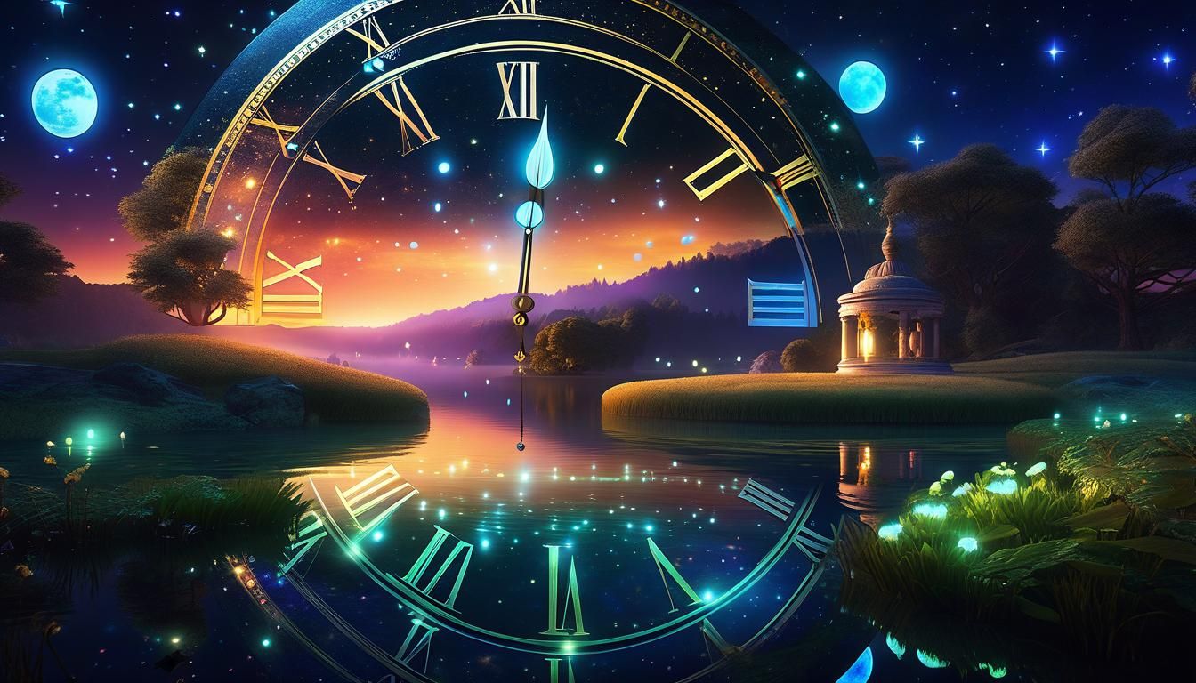 Fairycore Landscape with Floating Lights and Clock Faces