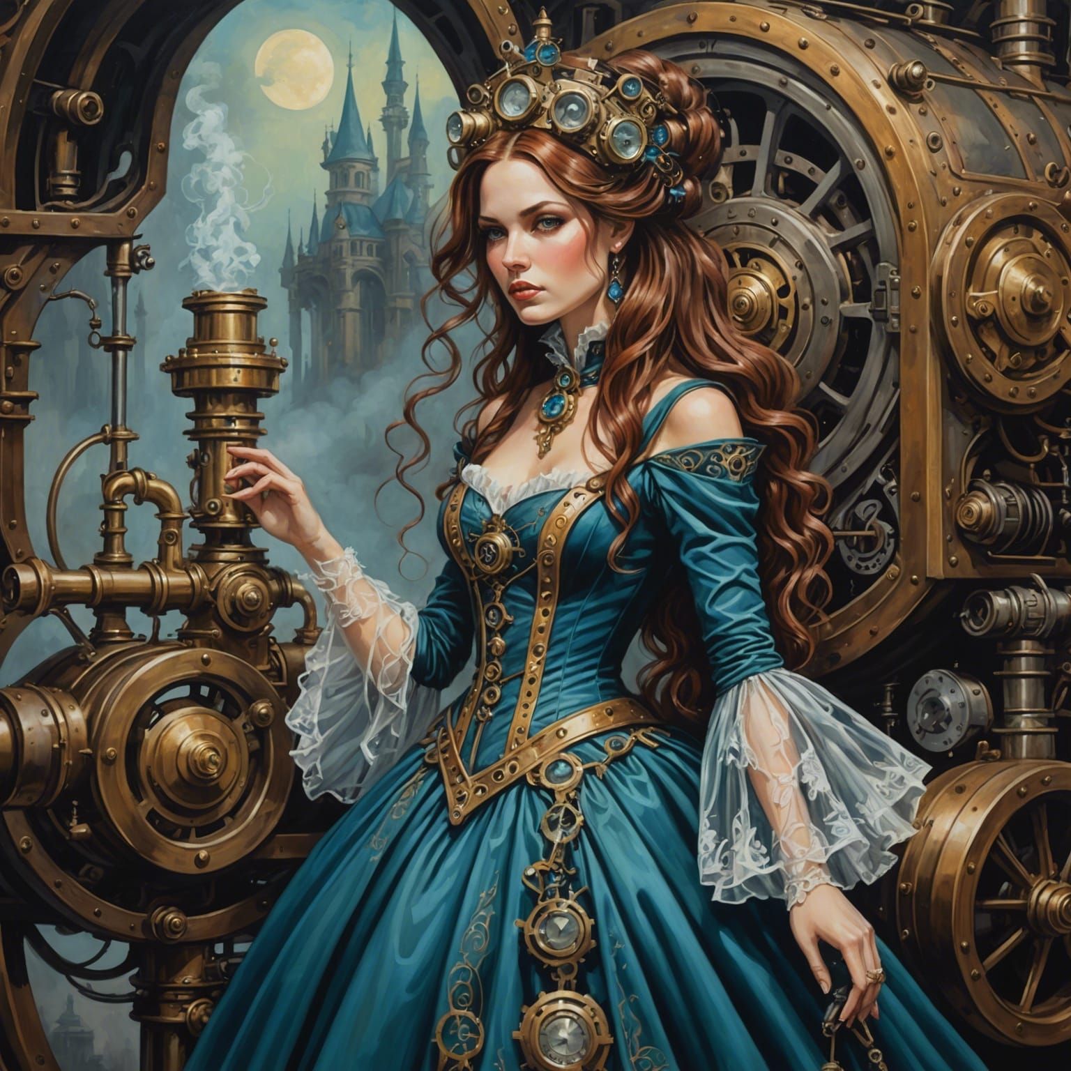 Steampunk Fairy Woman in Gown Gouache Painting