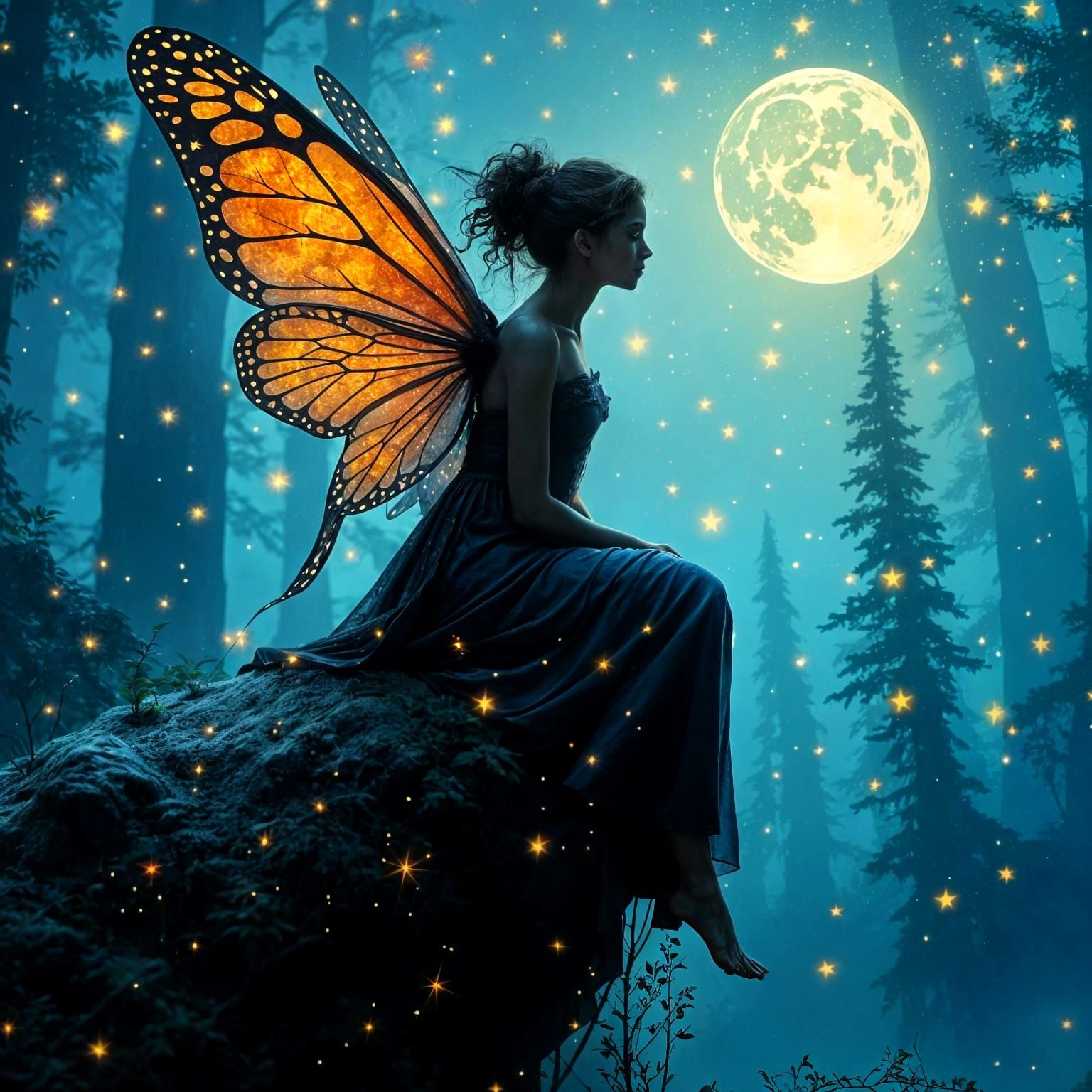 Dreamy Starry Night Forest Watercolor Painting