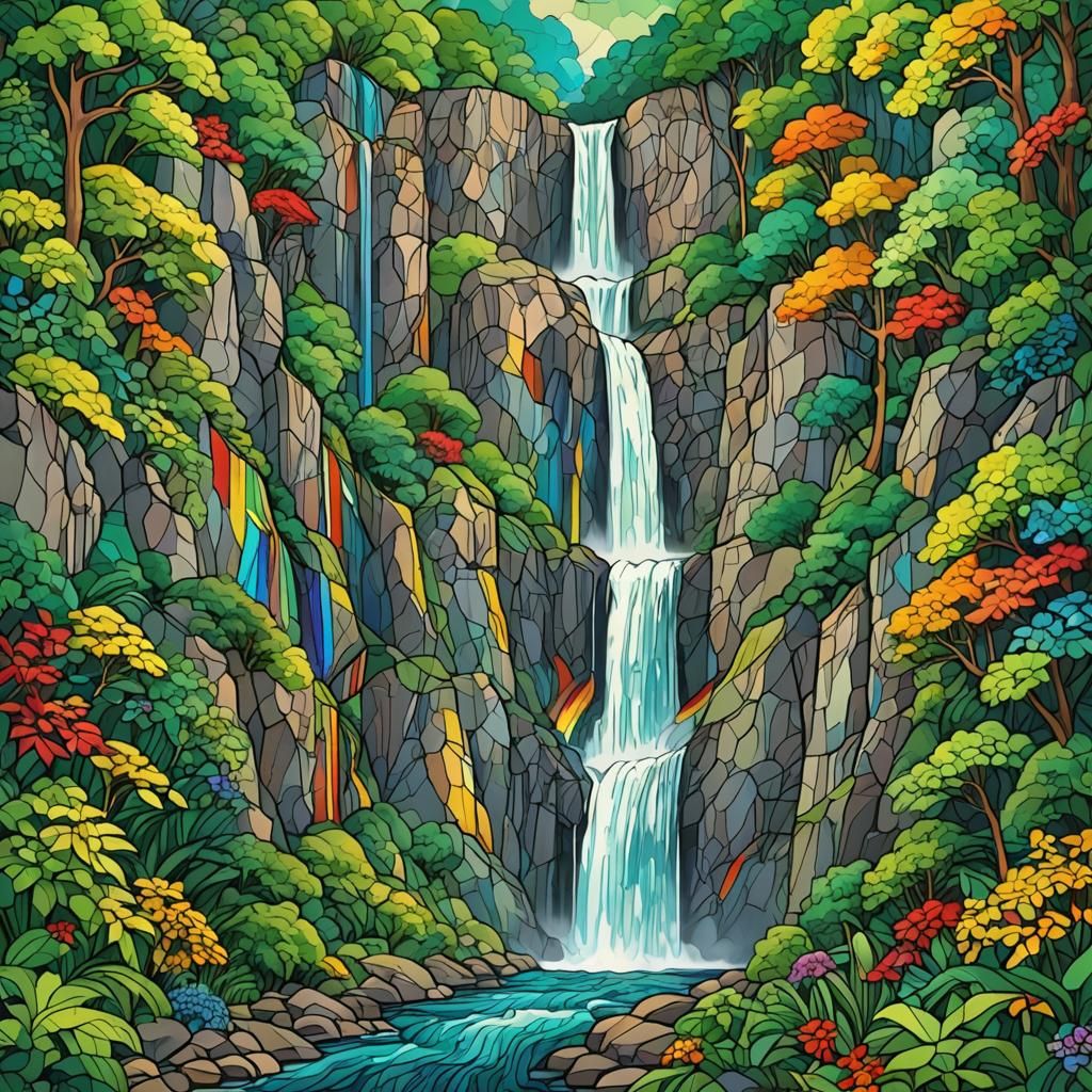 Rainbow Waterfall: Geometric Bauhaus Digital Art