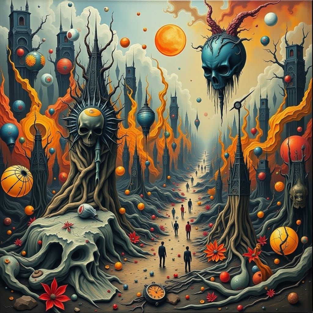 Surreal Cityscape in Heavy Metal Style