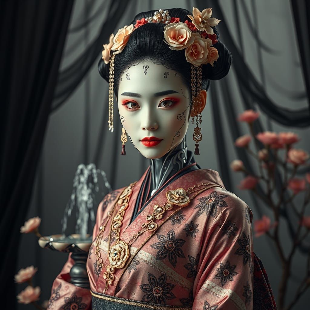 Cyborg Geisha with Floral Etchings in Futuristic Style