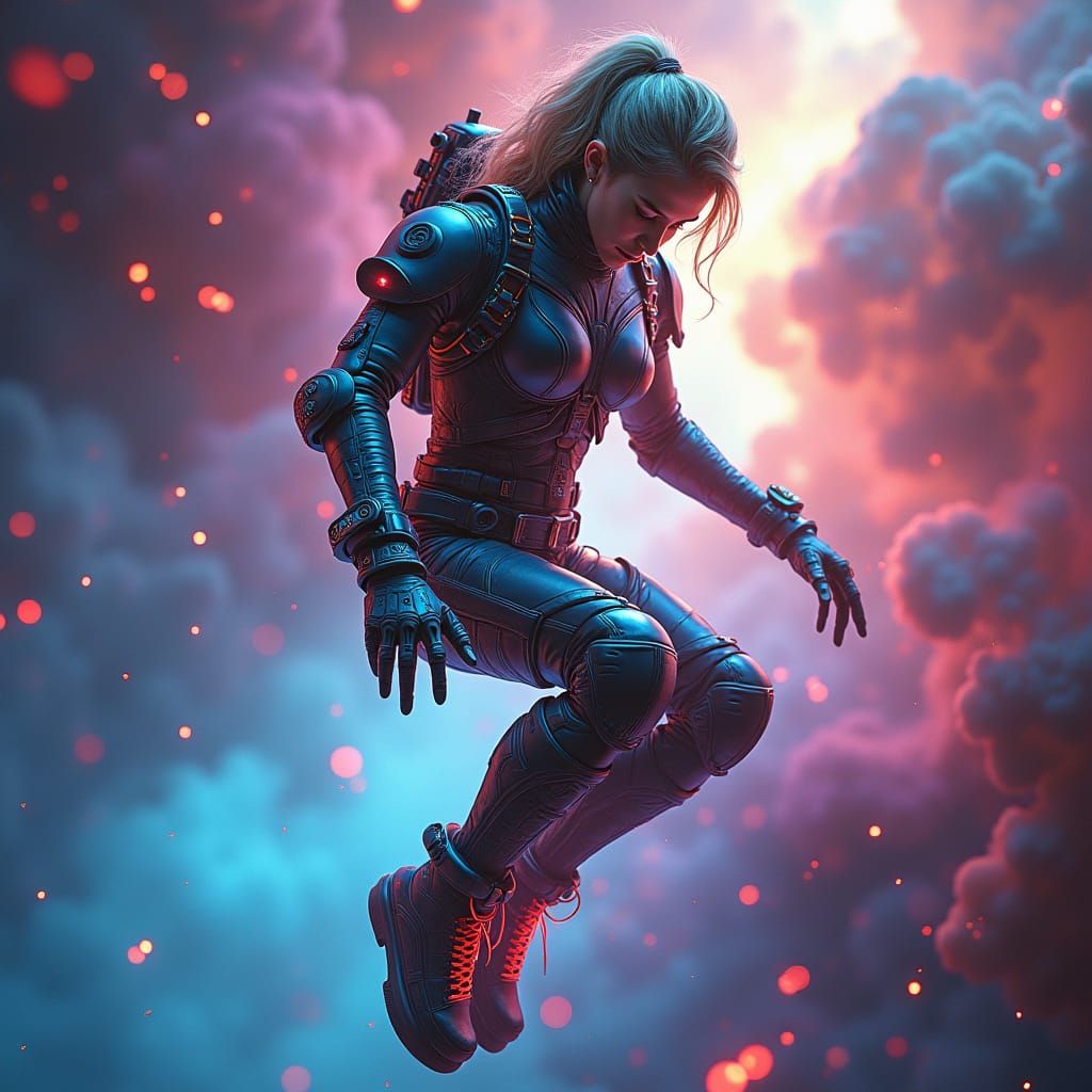 Woman in Exosuit Amidst Iridescent Nebula