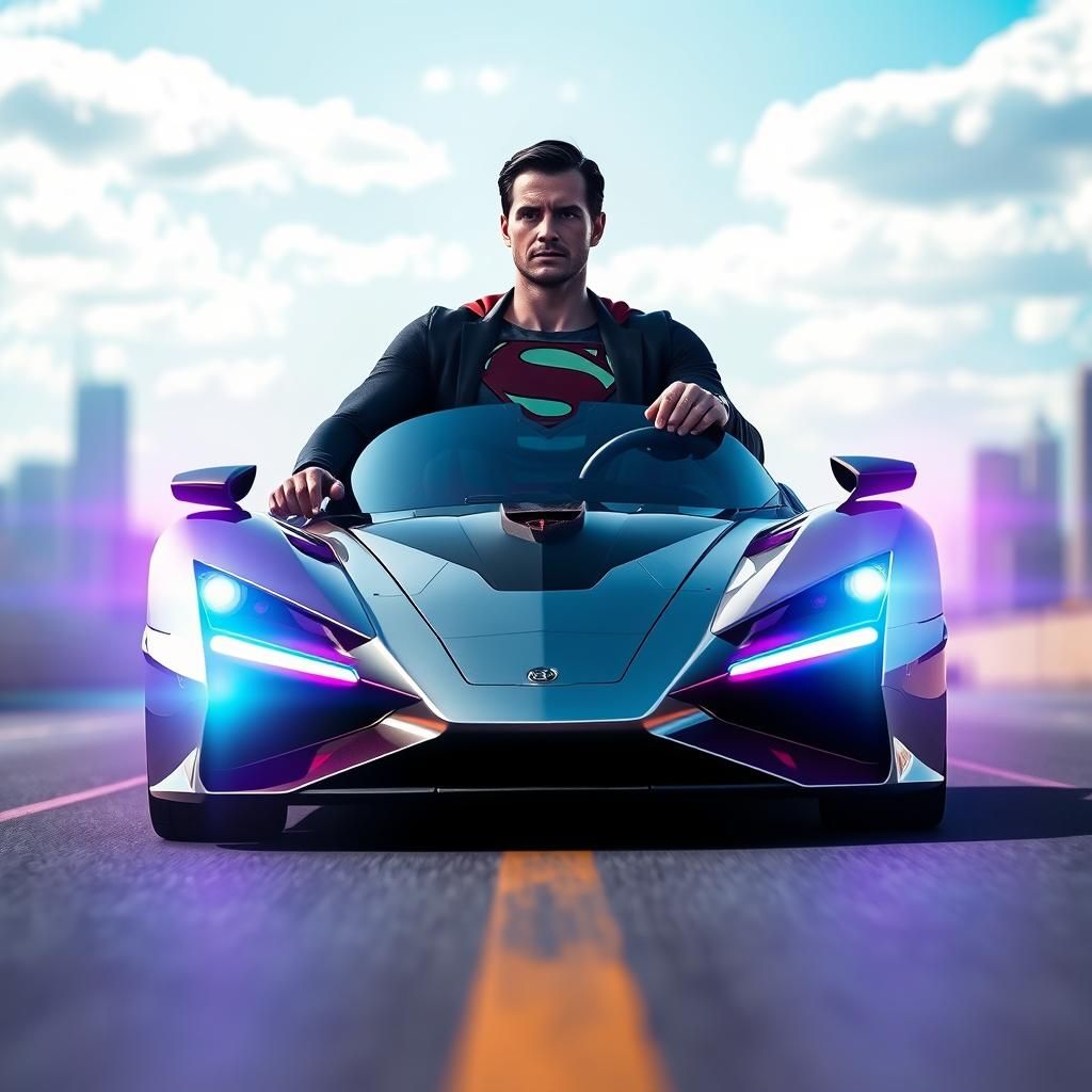 Superman Drives Futuristic Car with Purple Headlights