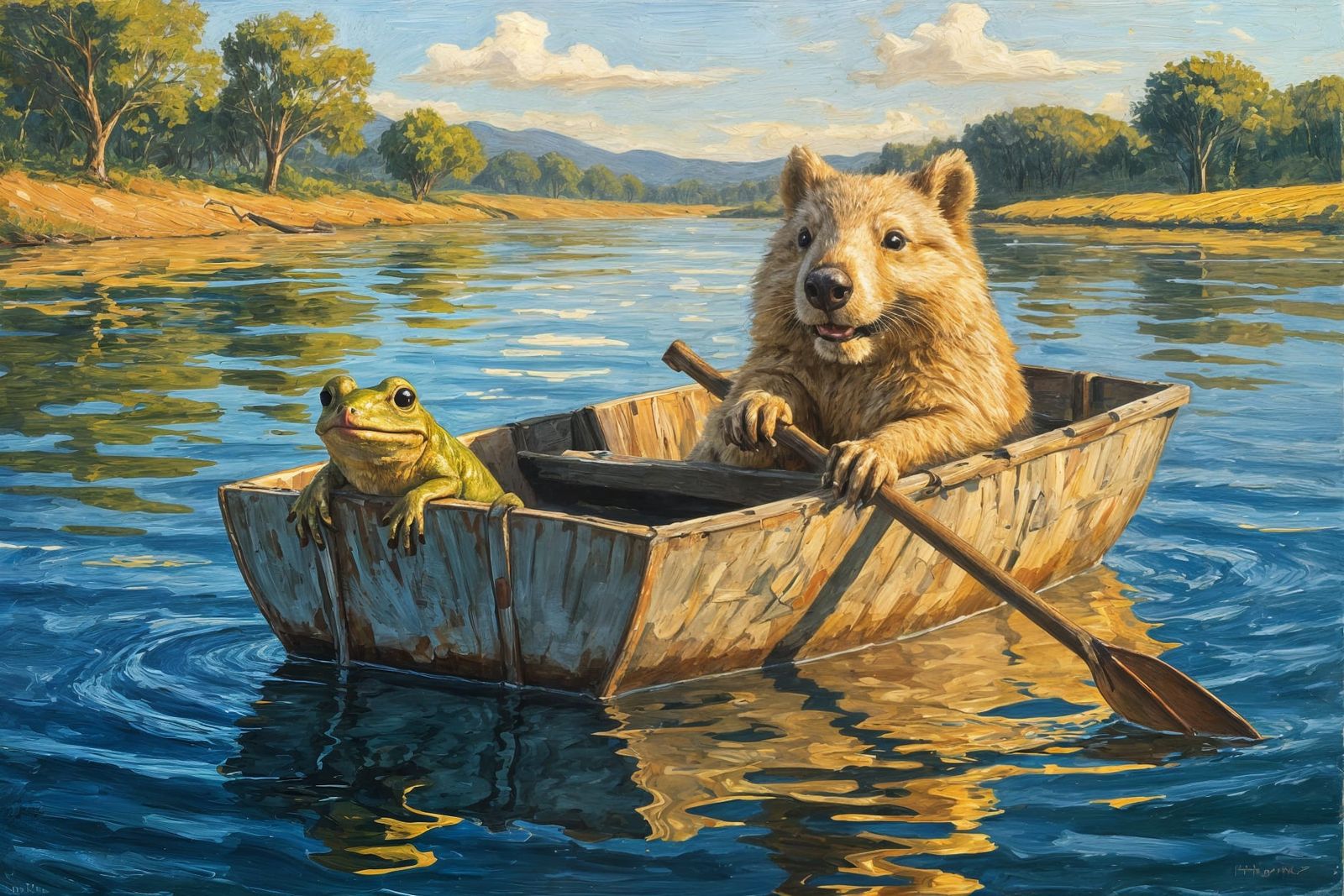 Wombat and Frog's Golden River Journey as Impasto Painting