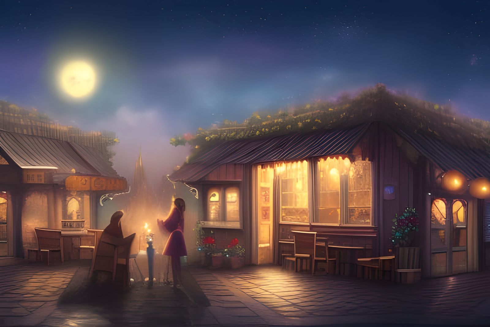 Romantic Cafe Scene Under Stars: Fantasy Concept Art
