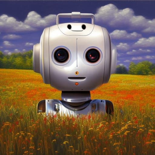 Robot in Flower Meadow: Hyperrealistic Digital Art