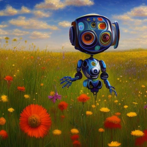 Robot in Flower Meadow: Photorealistic Portrait