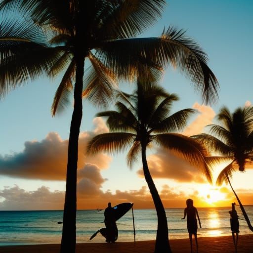 Hawaiian Tropical Island Sunset with Surfers