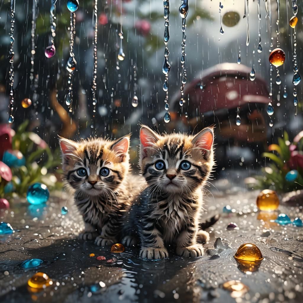 Kittens Frolic Inside Raindrops: Fantasy Concept Art