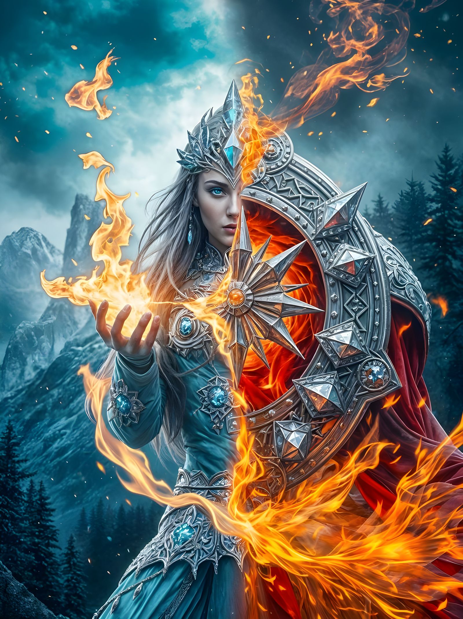 Ethereal Ice Sorceress Battles Fiery Elements in a Fantastic...