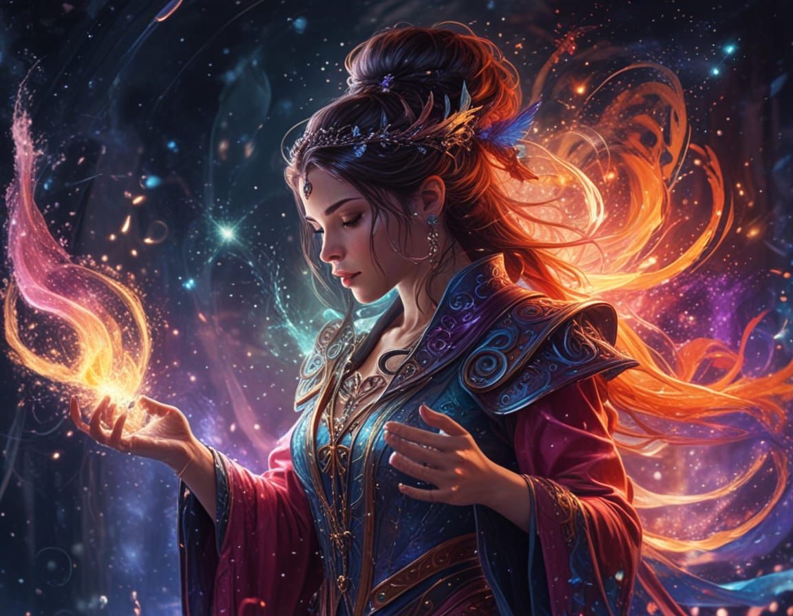 Whimsical Sorceress Enveloped in Swirling Magic