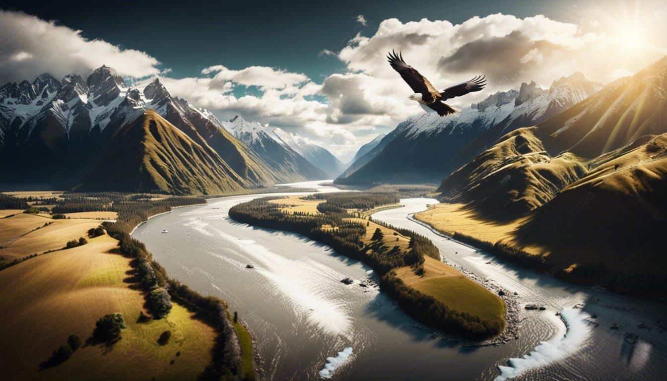 Stunning New Zealand Valley with River and Eagle