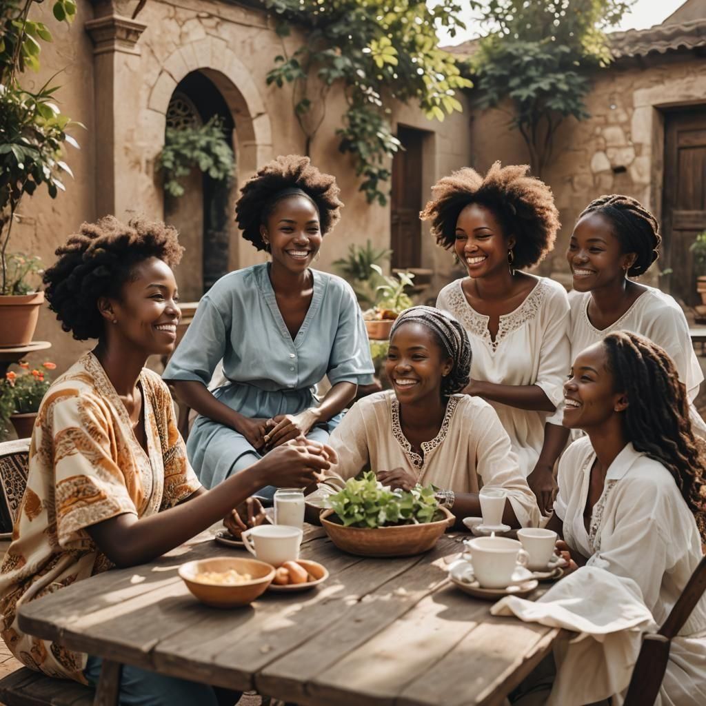 Smiling African Women in Sunlit Courtyard