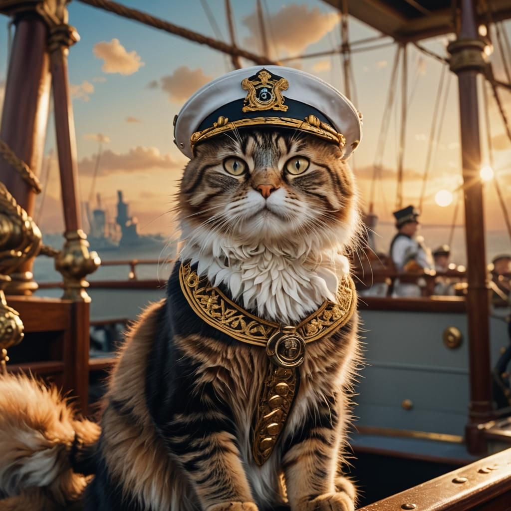 Cat Captain Portrait on the Titanic in Golden Light