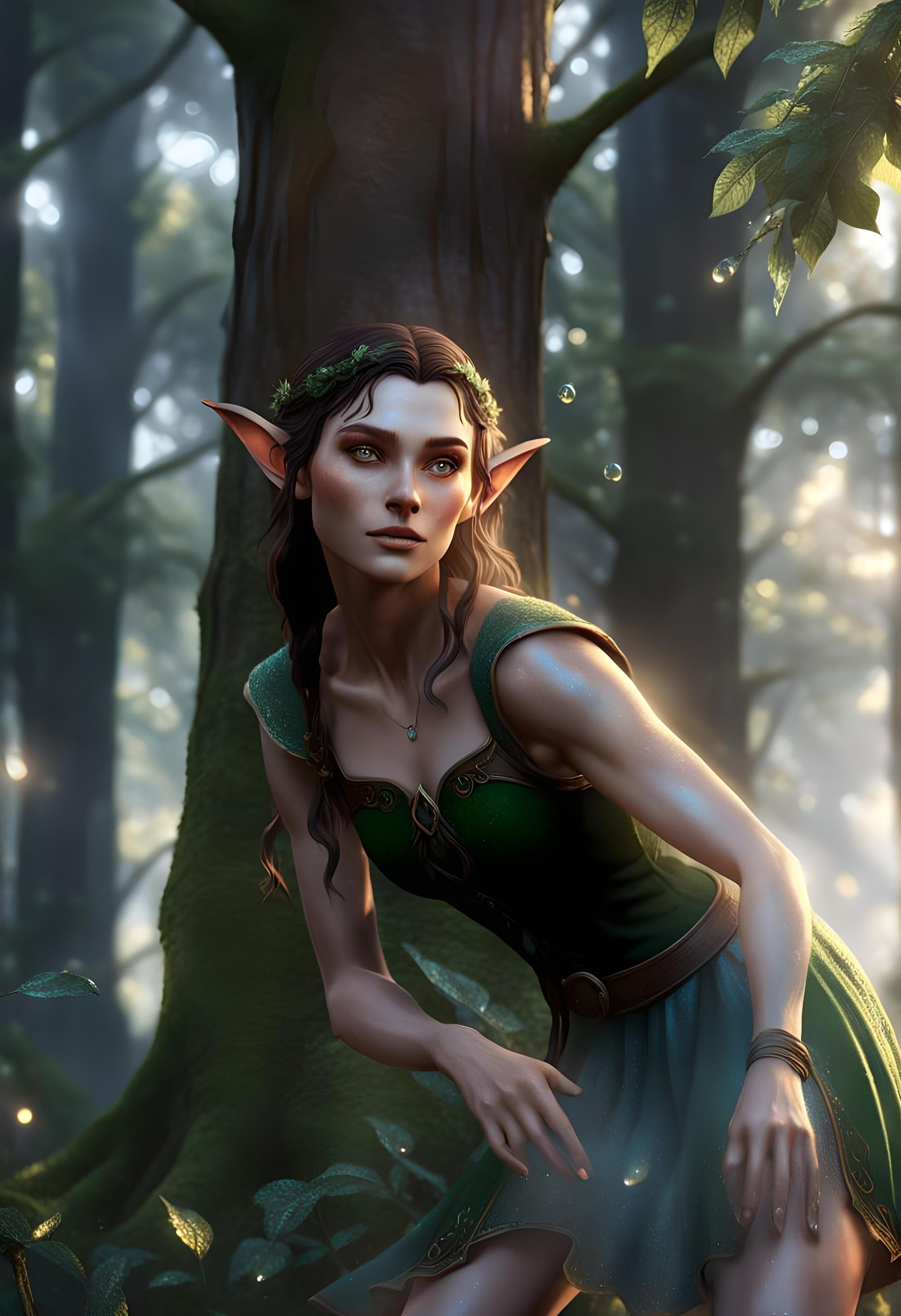 Playful Elf in Dewy Dawn Forest: Fantasy Art
