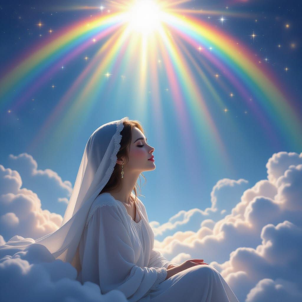 Serene Figure in Celestial Realm with Rainbow Light Beams