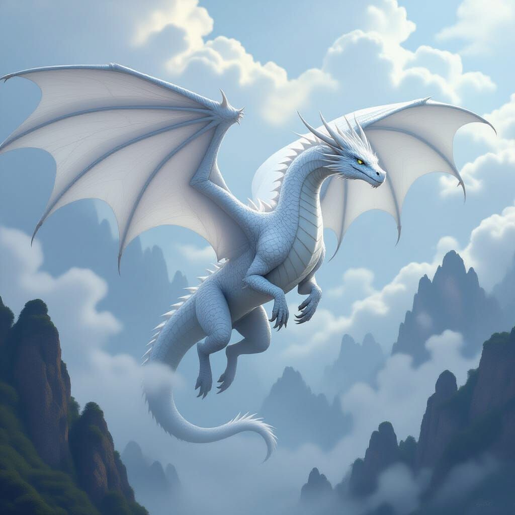 White Dragon Soaring Through Misty Sky