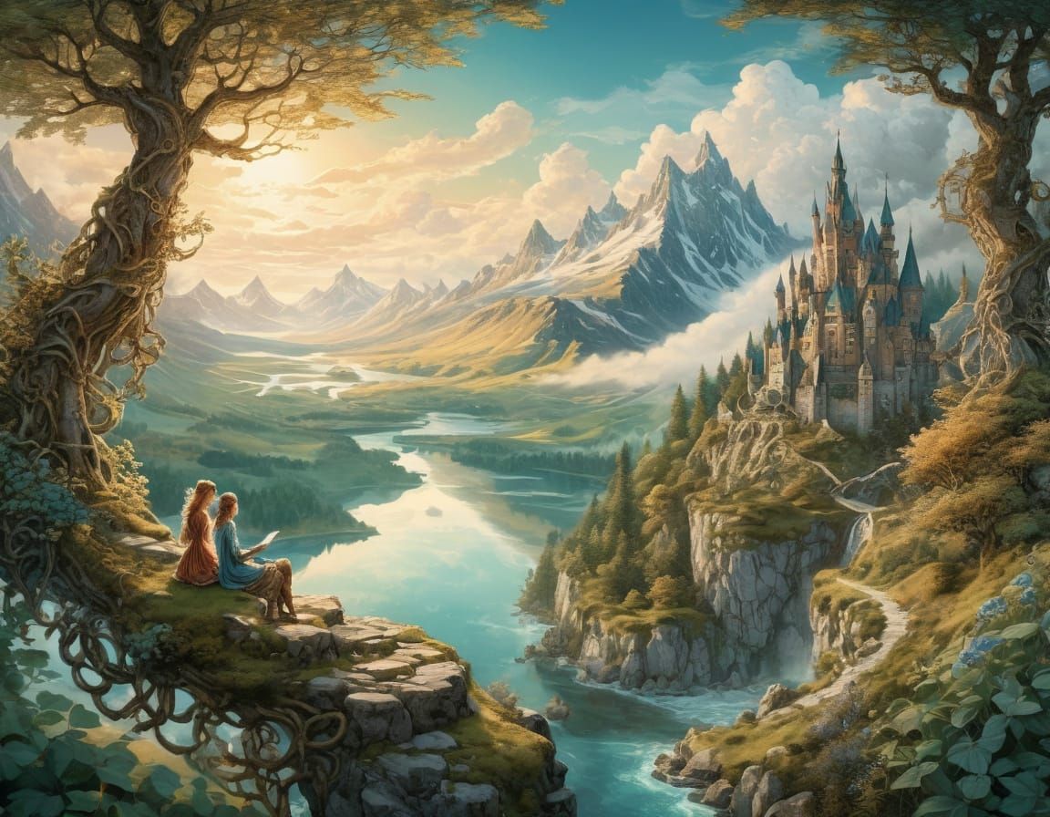 Fantasy Map Art: Whimsical World Held by Four Fairies