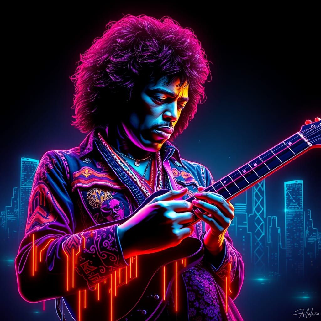 Psychedelic 3D Neon Graffiti of Jimi Hendrix