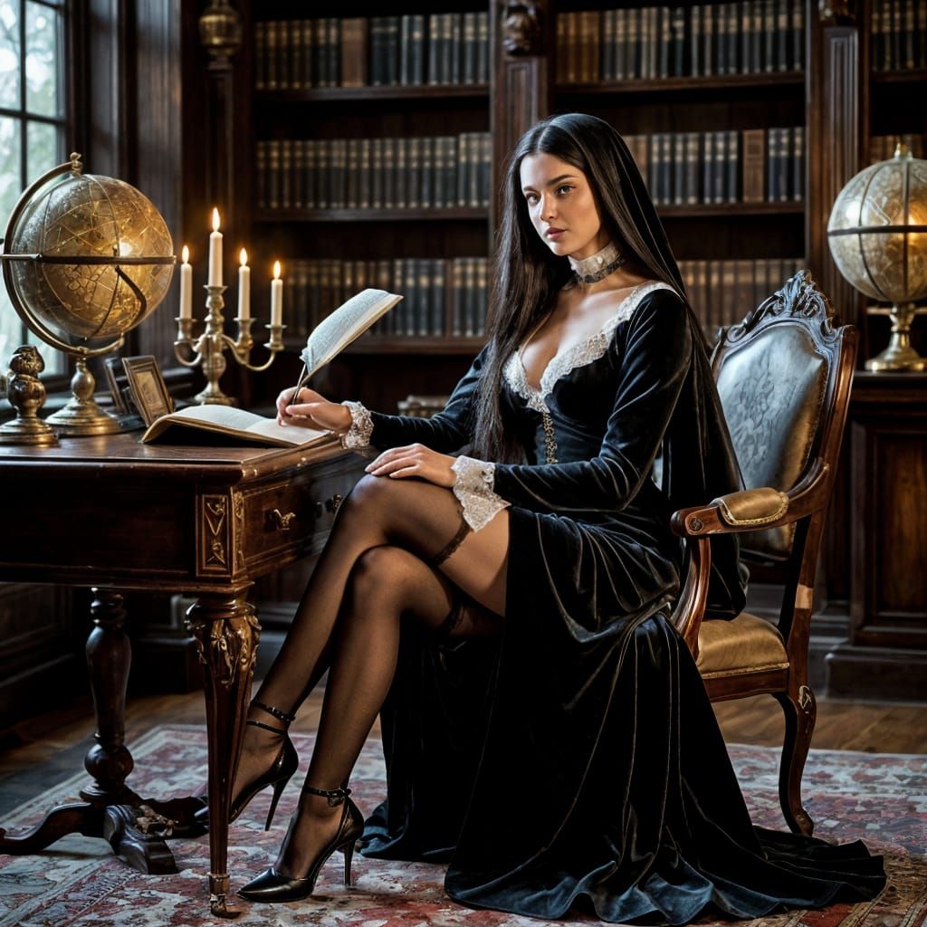 In a dimly lit, opulent study, a nun with long, flowing black hair sits at an antique desk, quill in hand, poised over a...
