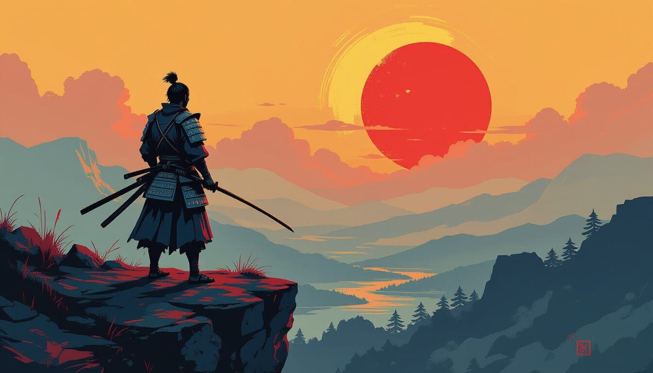Samurai Warrior at Sunrise in Expressionist Style