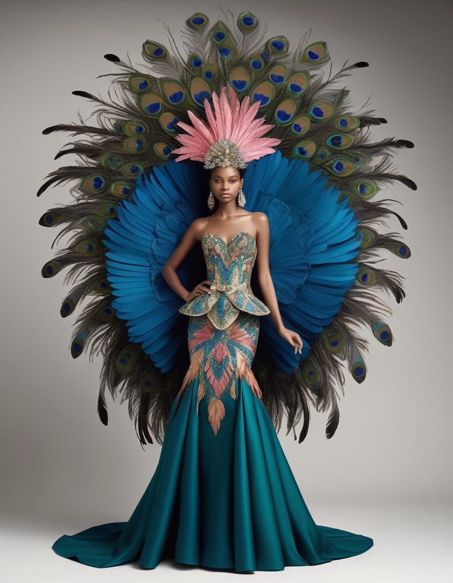 Ethereal Woman in Extravagant Bird Gown Digital Art