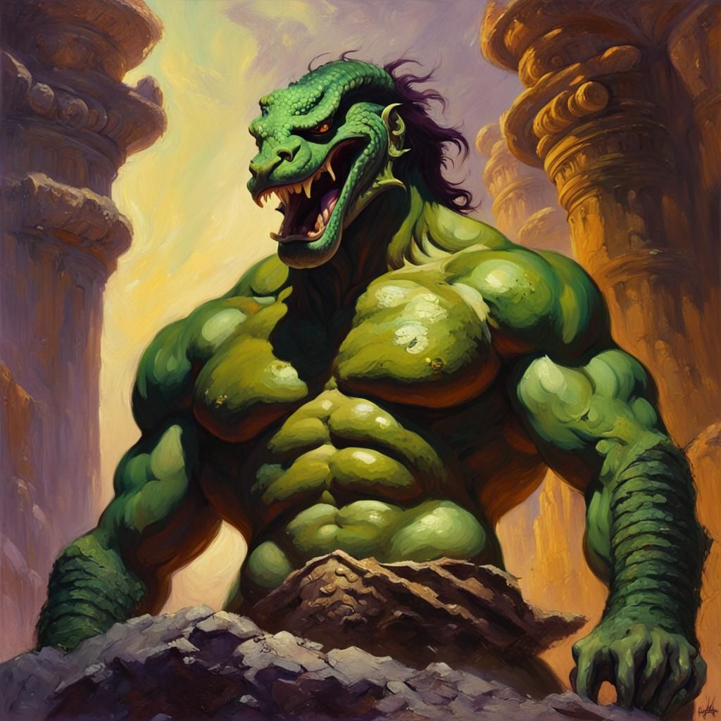 Warrior Wrestles Serpent: Epic Fantasy Oil Painting