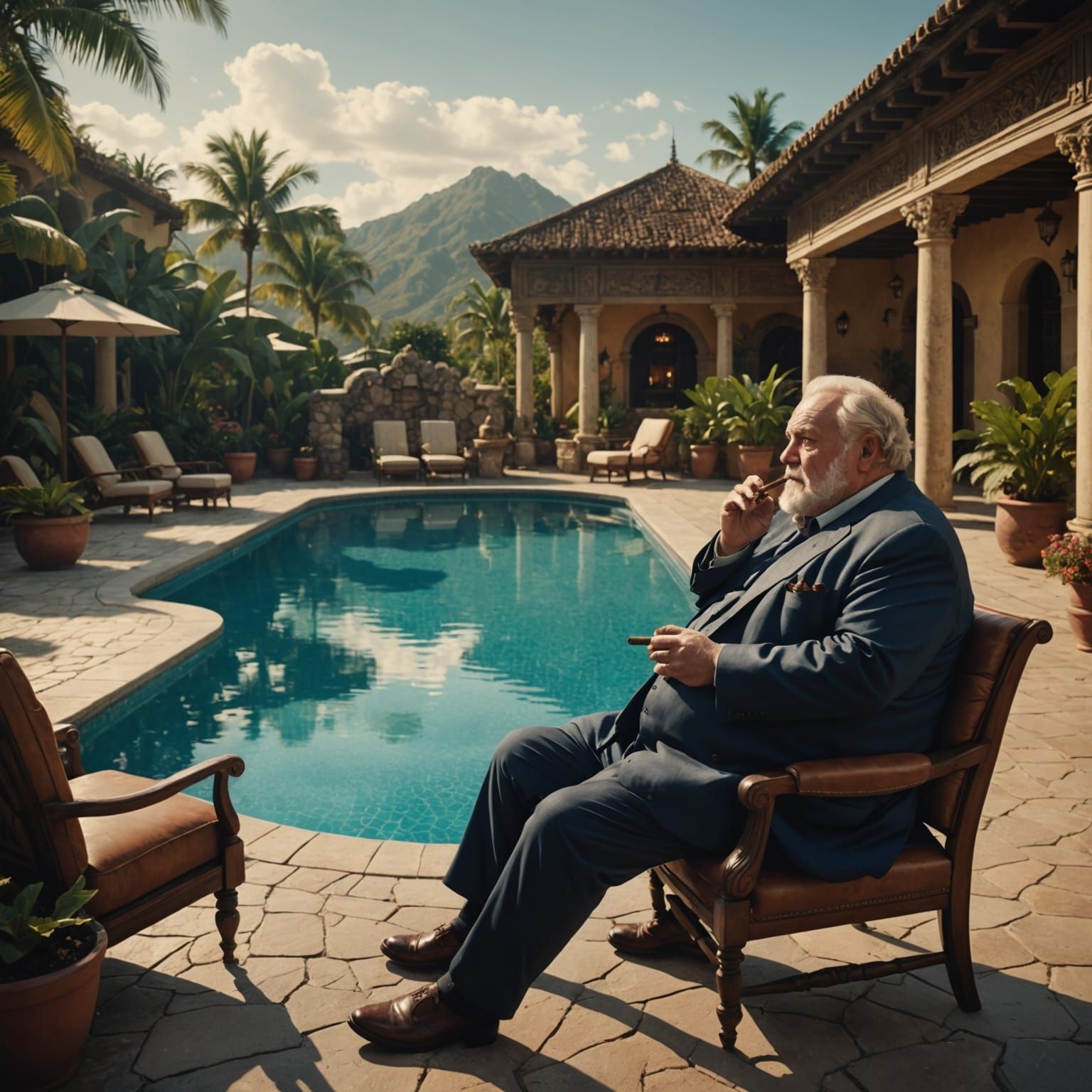Fat, old man smoking a cigar beside a fancy swimming pool
