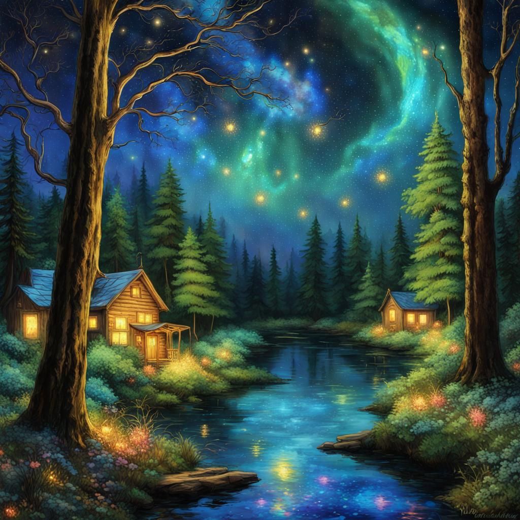 Enchanted Bioluminescent Forest with Cottage in Gouache Styl...