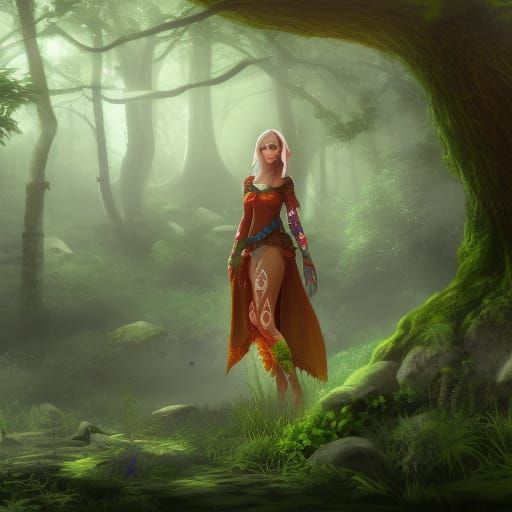 Female Elf Druid in Forest: Fantasy Concept Art