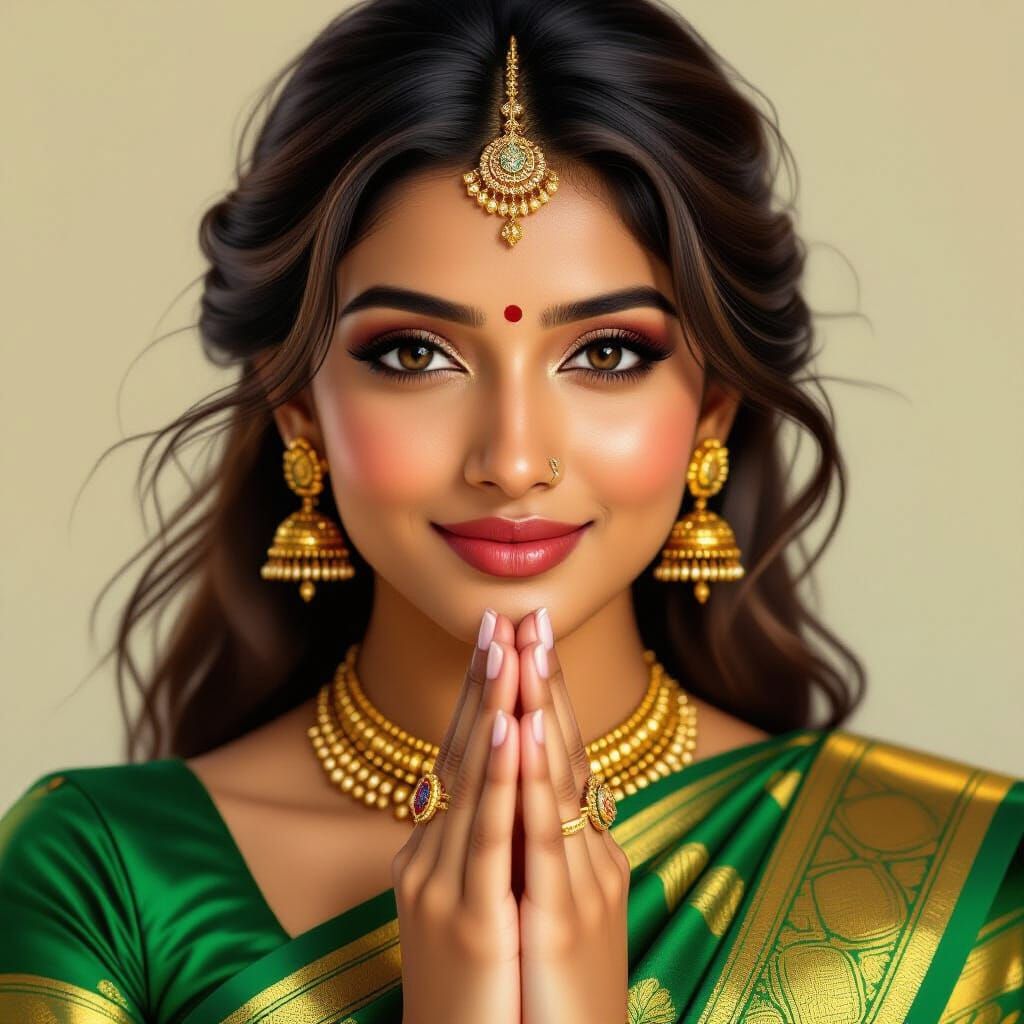 Beautiful Indian Woman in Emerald Green Silk Saree