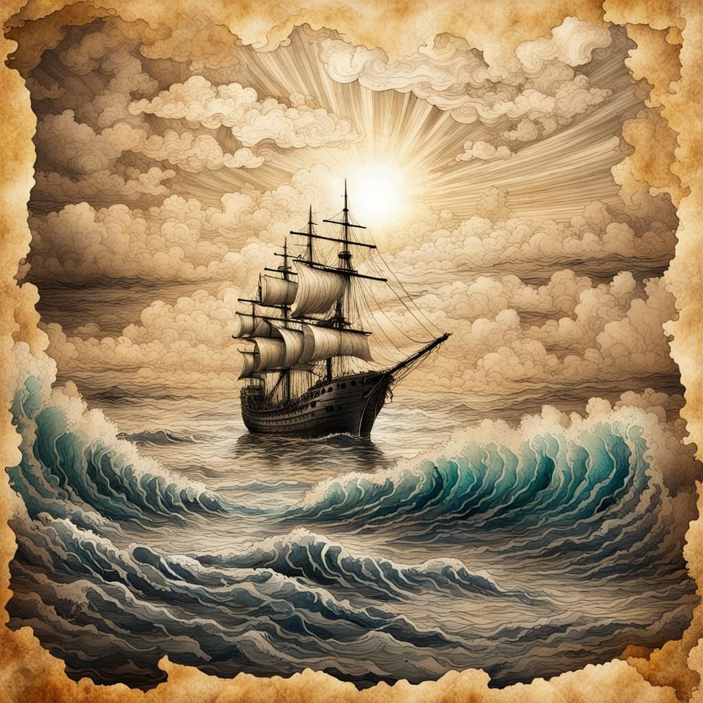 Fantasy Seascape: Ship in Surreal Ink Art