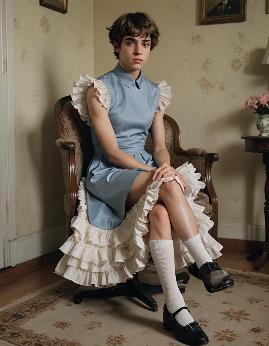Crossdressed Muscular Boy in Frilly Dress, Cinematic Still