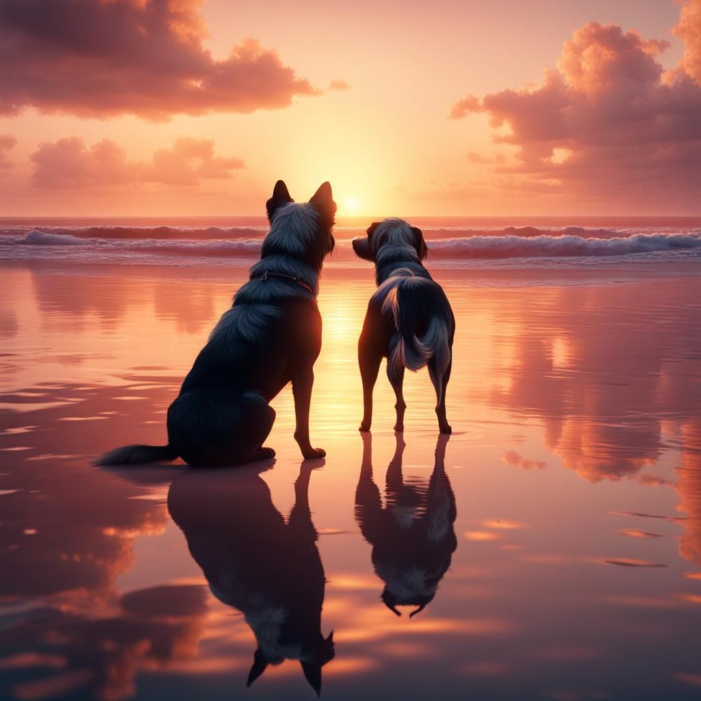 Dog Sees Reflection at Sunset: Fantasy Concept Art
