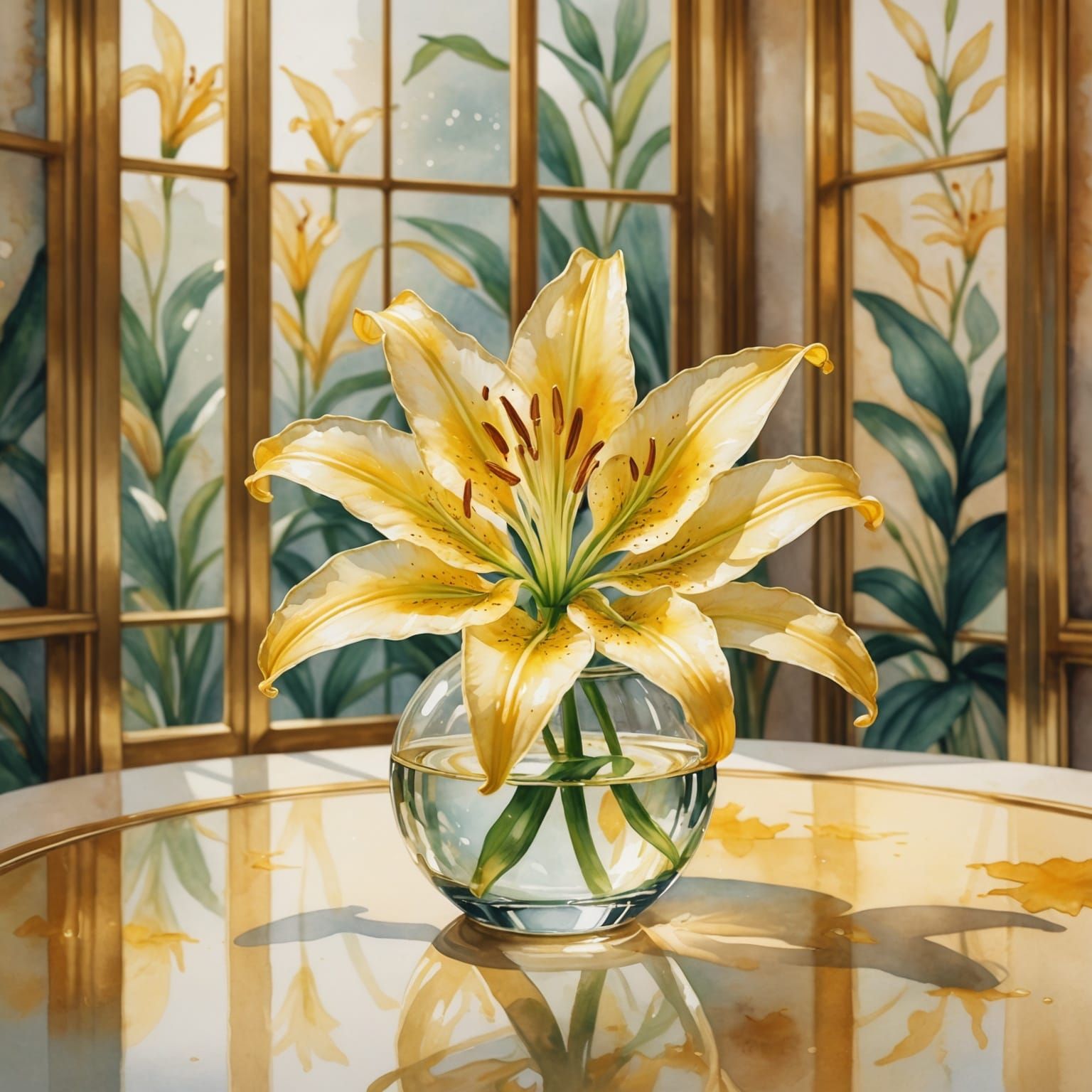 Glass Lily Shimmers in Watercolor Golden Room