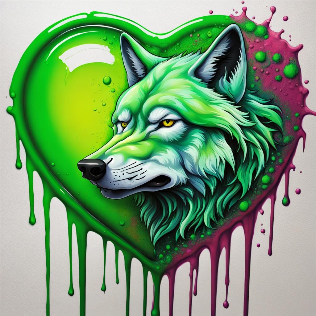 Green Wolf Serenade: Graffiti Art in a Heart Glass