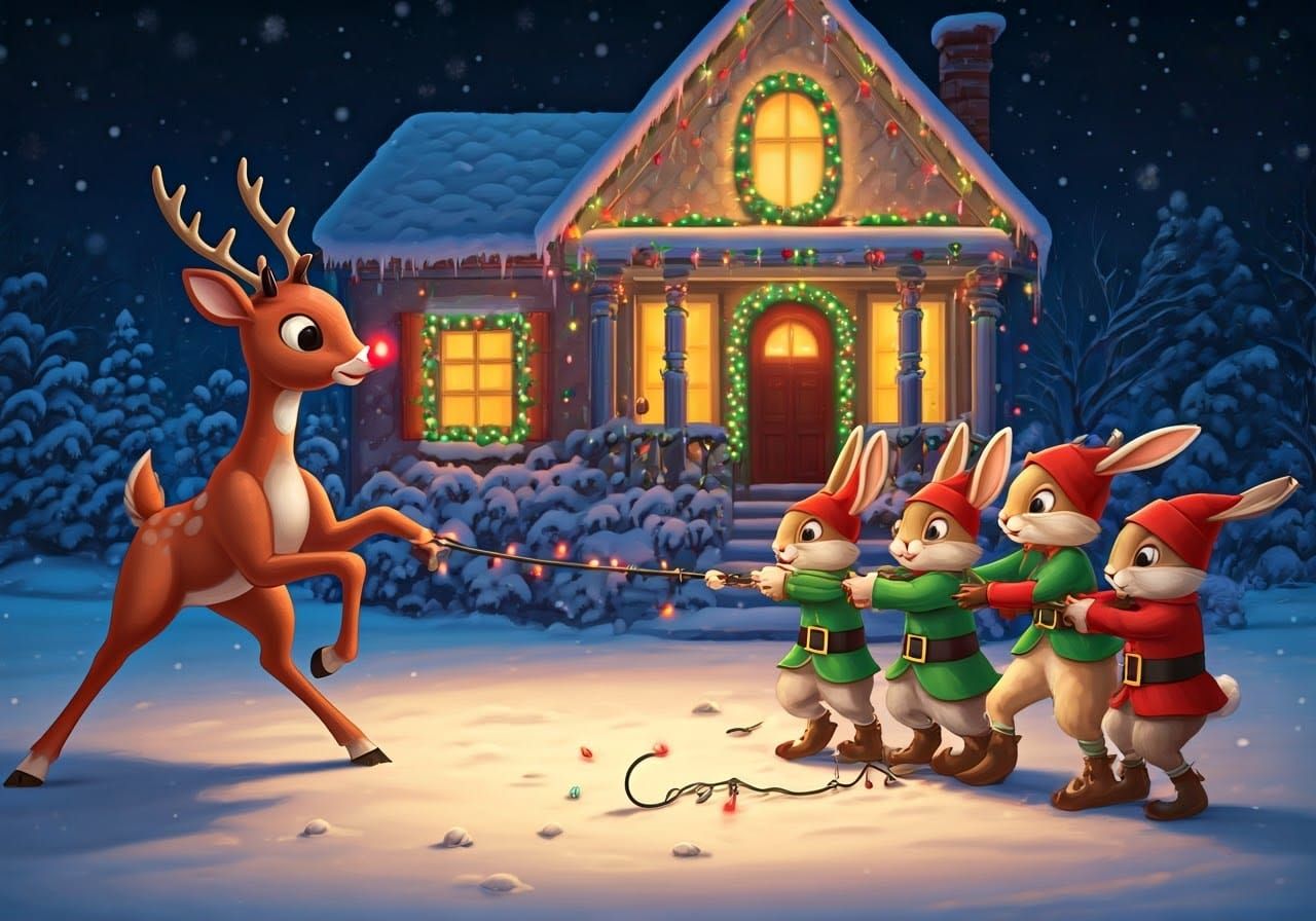 Surreal Holiday Scene of Rudolph and Rabbits in a Tug-of-War...