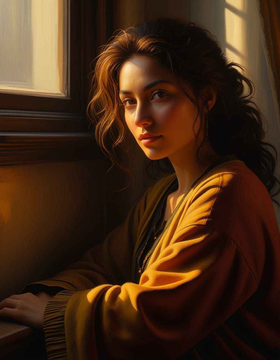 Renaissance Woman in Chiaroscuro Oil Painting