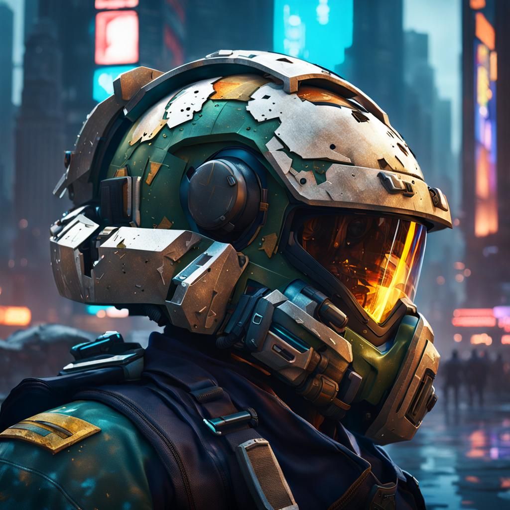 Damaged Marine Helmet in Cyberpunk Battlefield Style