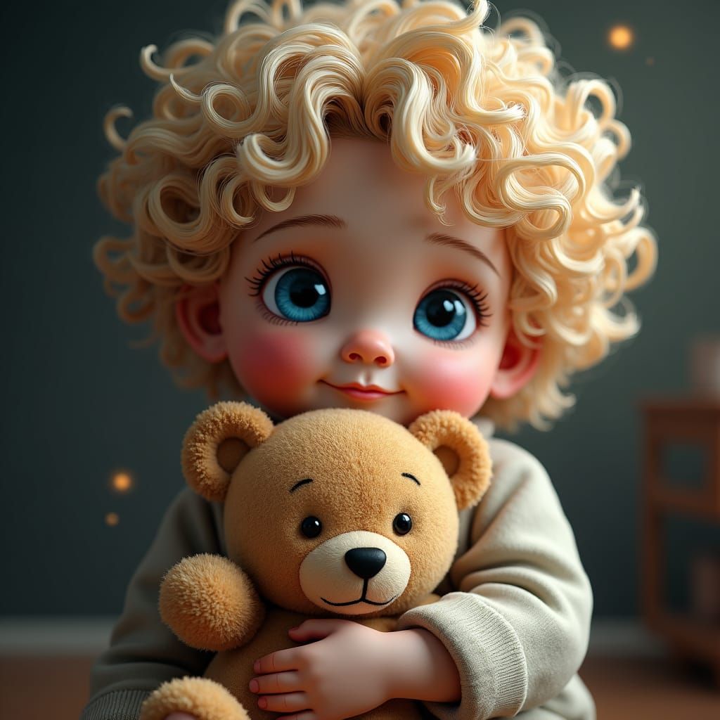 Blue-Eyed Child with Teddy Bear: Fantasy Concept Art
