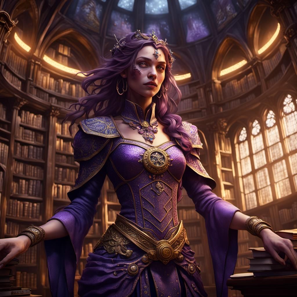 Dark Fantasy Woman in Library, Hyperdetailed Art