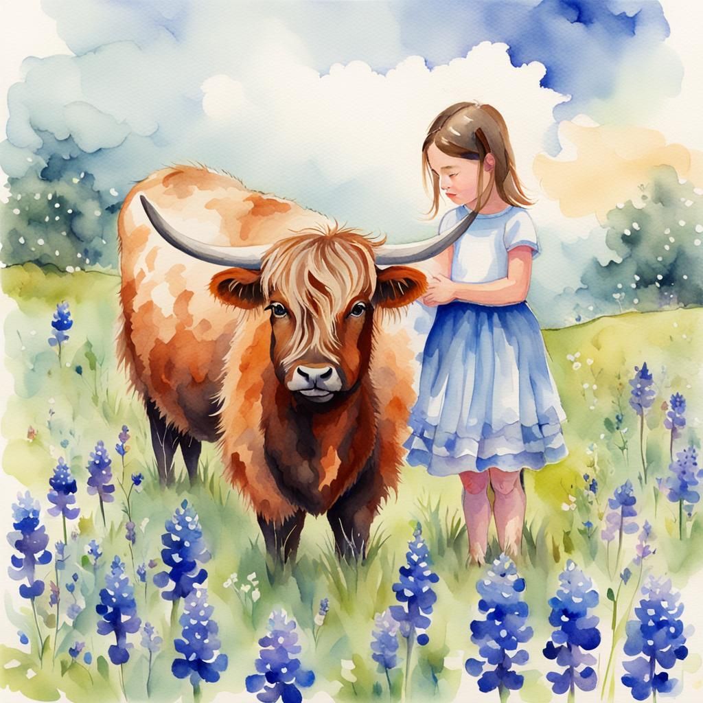 Girl and Highland Cow Watercolor Illustration
