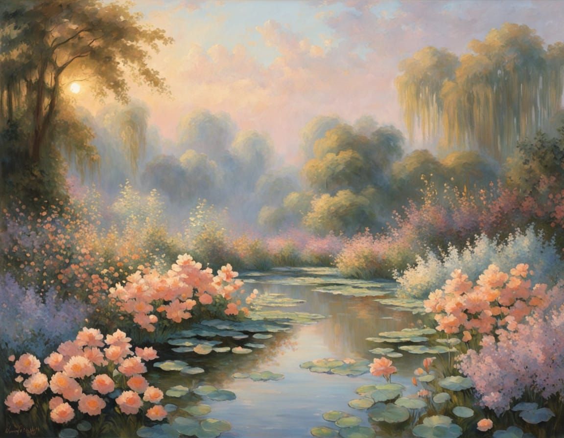Luminous Garden Scene in a Dreamy, Fantastical Style