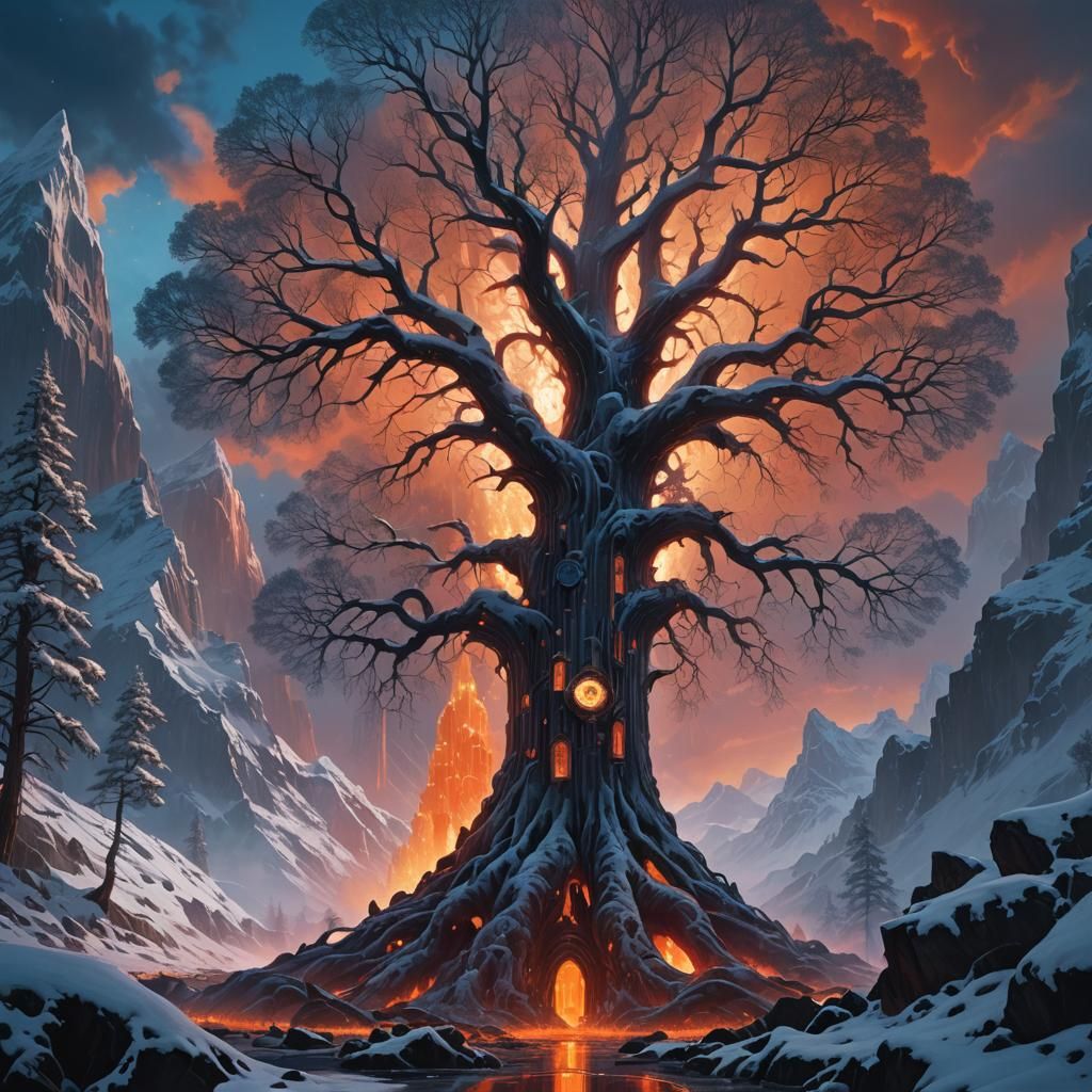 Cathedral Tree of Time in Lava, Surreal Landscape