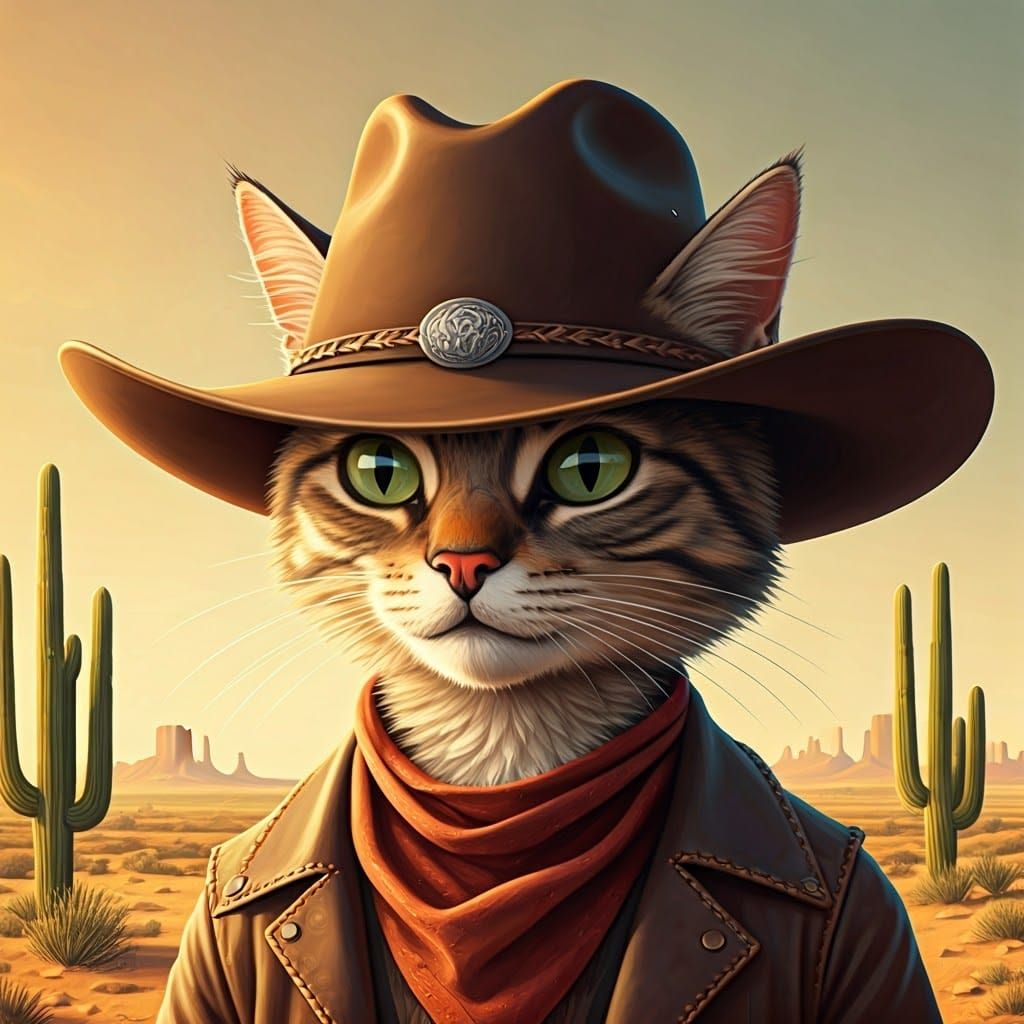 Cowboy Cat in Desert Landscape Illustration