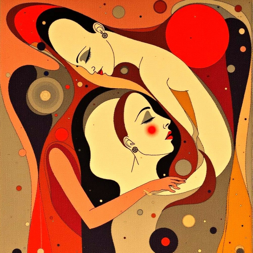 1960s Woman Climbs Man's Shoulders in Woven Rug Style