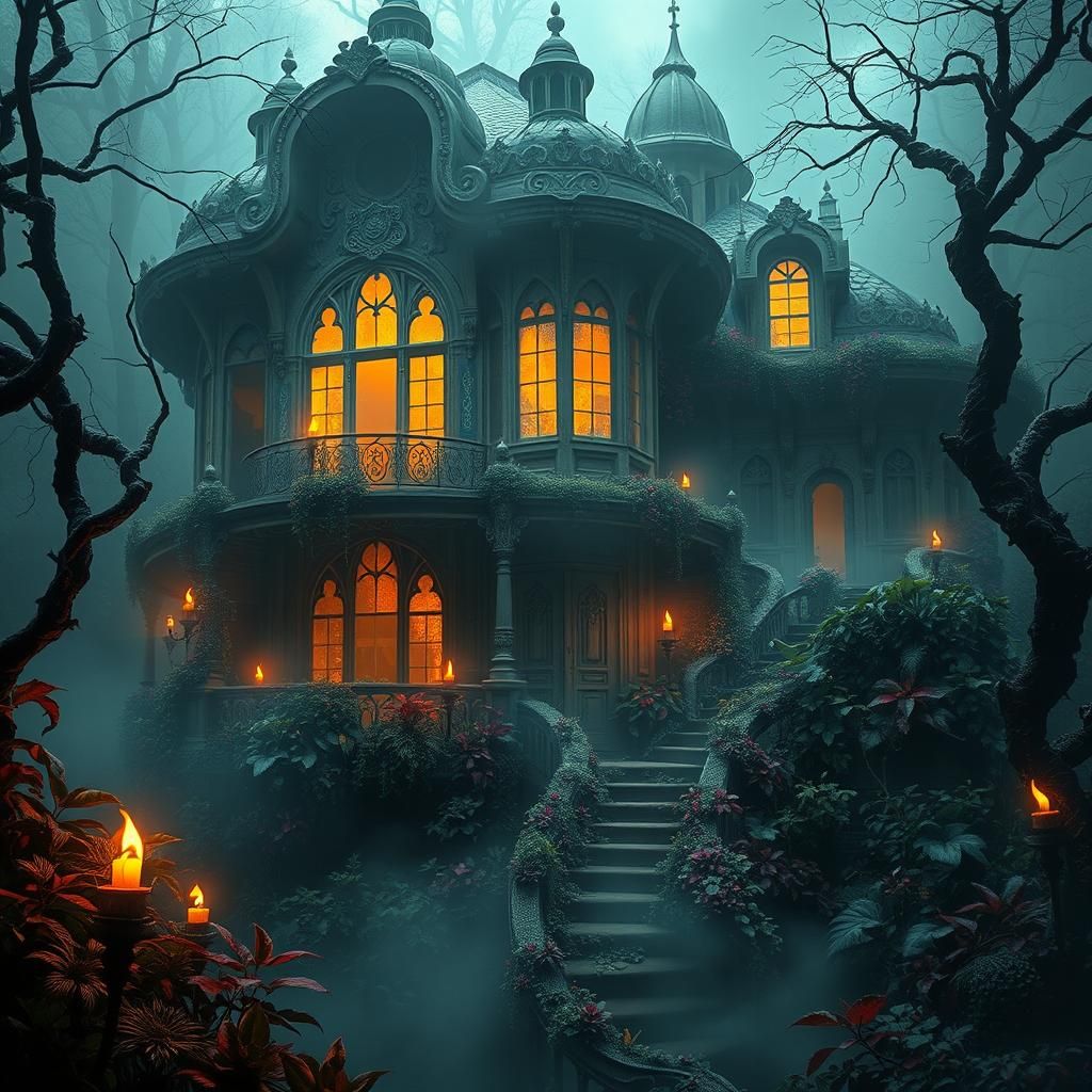 Eerie Casa Encantada with Twisted Plants in Dreamlike Style