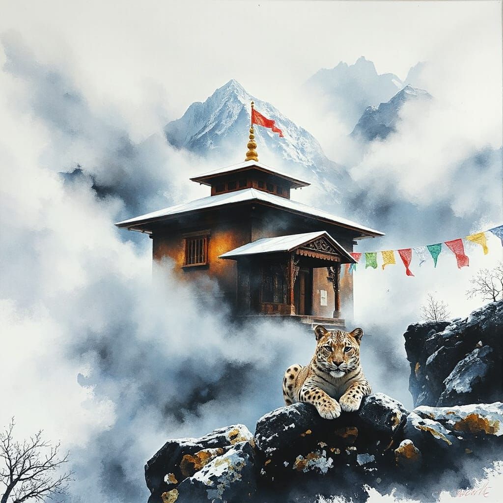 Serene Himalayan Temple in Vibrant Watercolour Expressionism